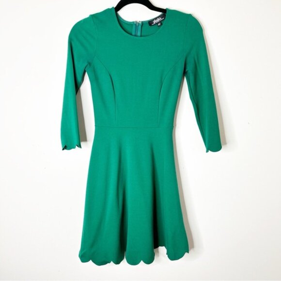 LULU's Cumulonimbus Clouds Magenta Skater Dress Green Ponte Scalloped hem XS - Picture 6 of 16